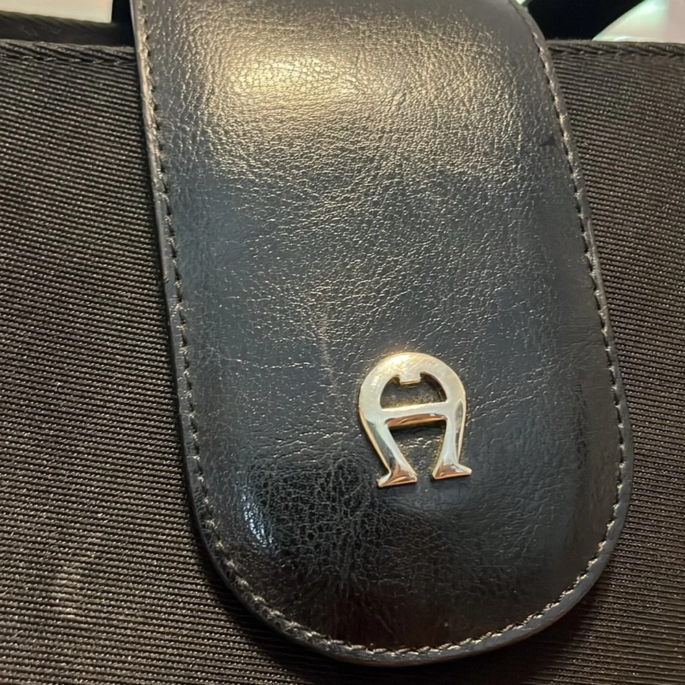 ETIENNE AIGNER VINTAGE LARGE SATCHEL TOTE LEATHER TRIMMED BAG BLACK